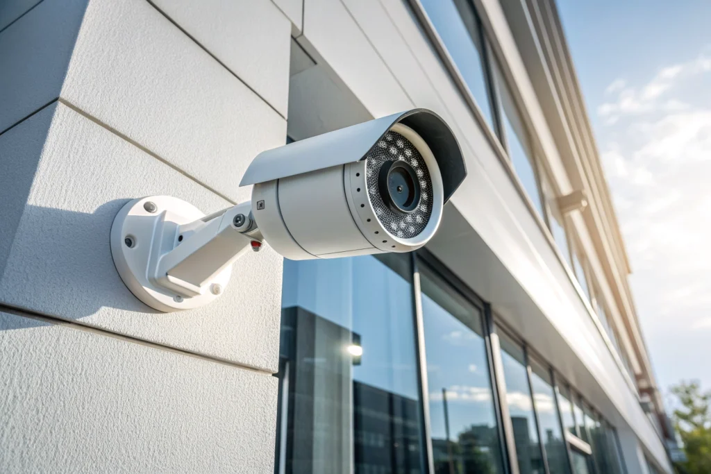 Professional CCTV camera installation on a building wall.