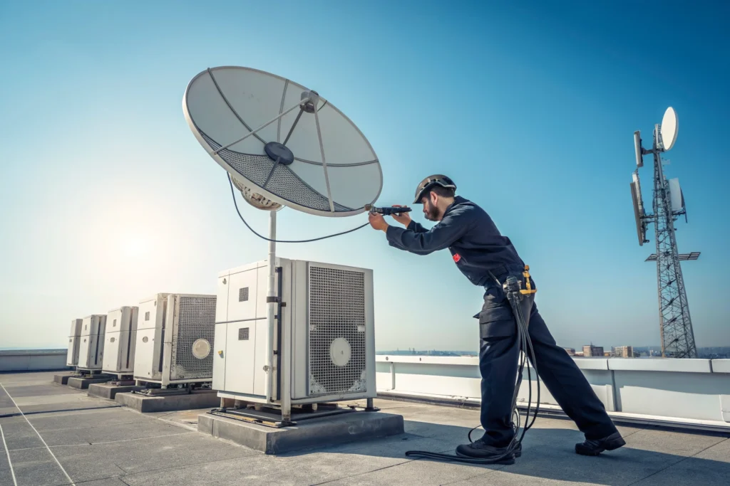 Satellite dish technician working on a roof.